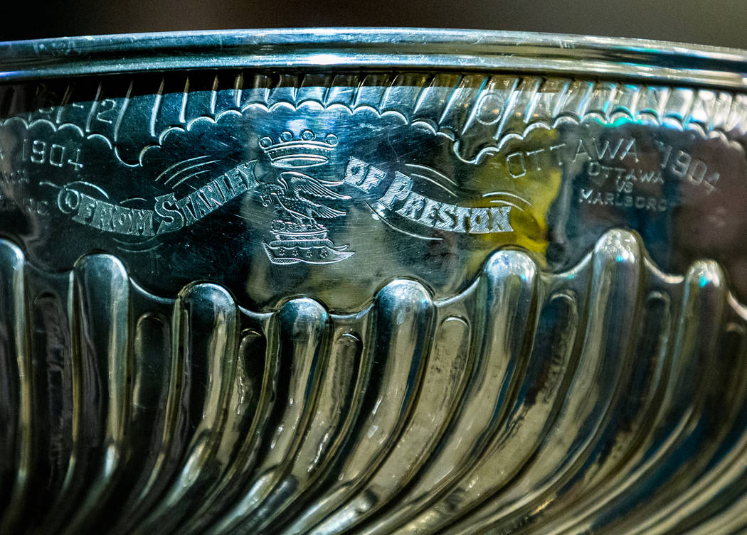 Inscription on the Stanley Cup referencing it being named in 1892 after Lord Stanley of Preston ...