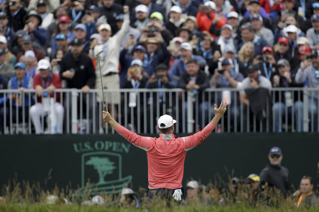 Gary Woodland celebrates after winning the U.S. Open Championship golf tournament Sunday, June ...