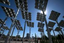 Rows of solar panels soak up the sun's rays outside Las Vegas City Hall in downtown Las Vegas o ...