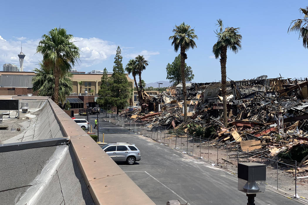 The scene of a June 17 fire at 3900 Paradise Road is seen on June 18, 2019. Clark County Fire D ...