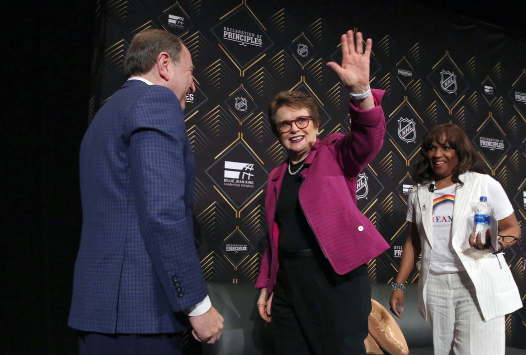 Tennis icon Billie Jean King, center, waves to the crowed as the National Hockey League commiss ...
