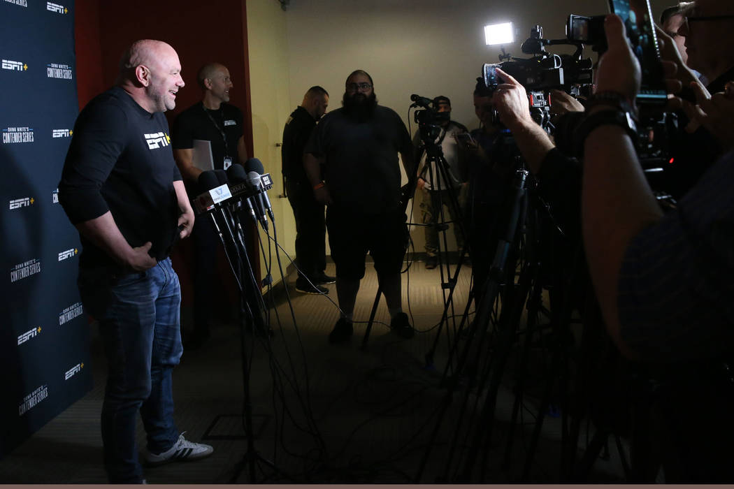 Ultimate Fighting Championship president Dana White talks to the media about the opening week o ...