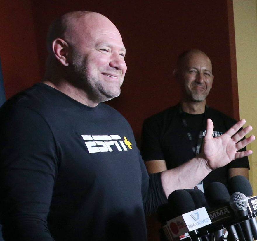 Ultimate Fighting Championship president Dana White talks to the news media about the opening w ...