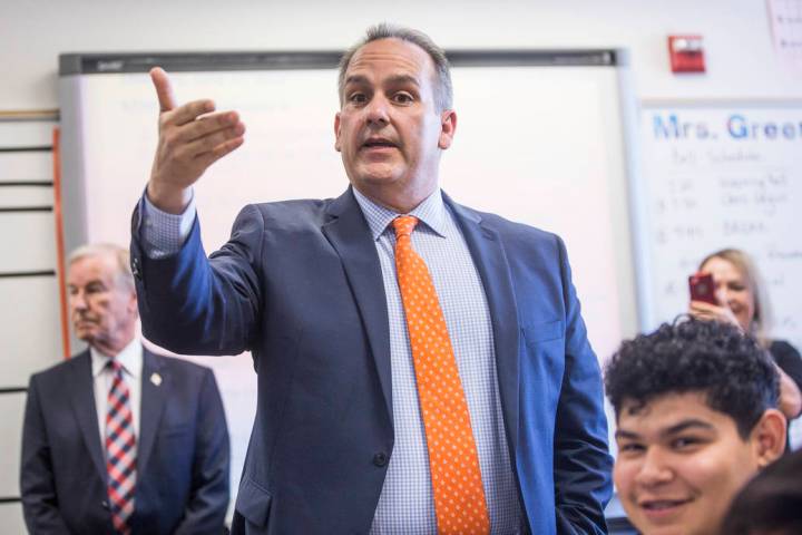 Clark County School District Superintendent Jesus F. Jara speaks to students in an english clas ...