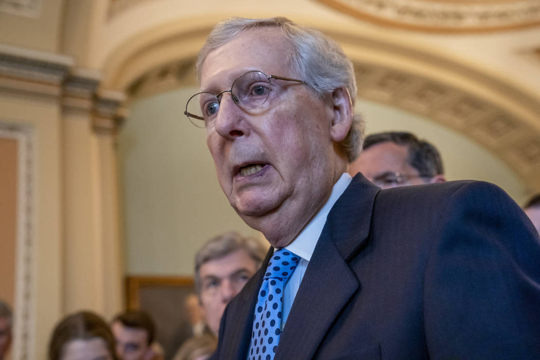 In a June 18, 2019, photo, Senate Majority Leader Mitch McConnell, R-Ky., speaks at the Capitol ...