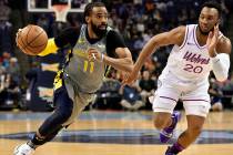 In this March 23, 2019, file photo, Memphis Grizzlies guard Mike Conley (11) handles the ball a ...