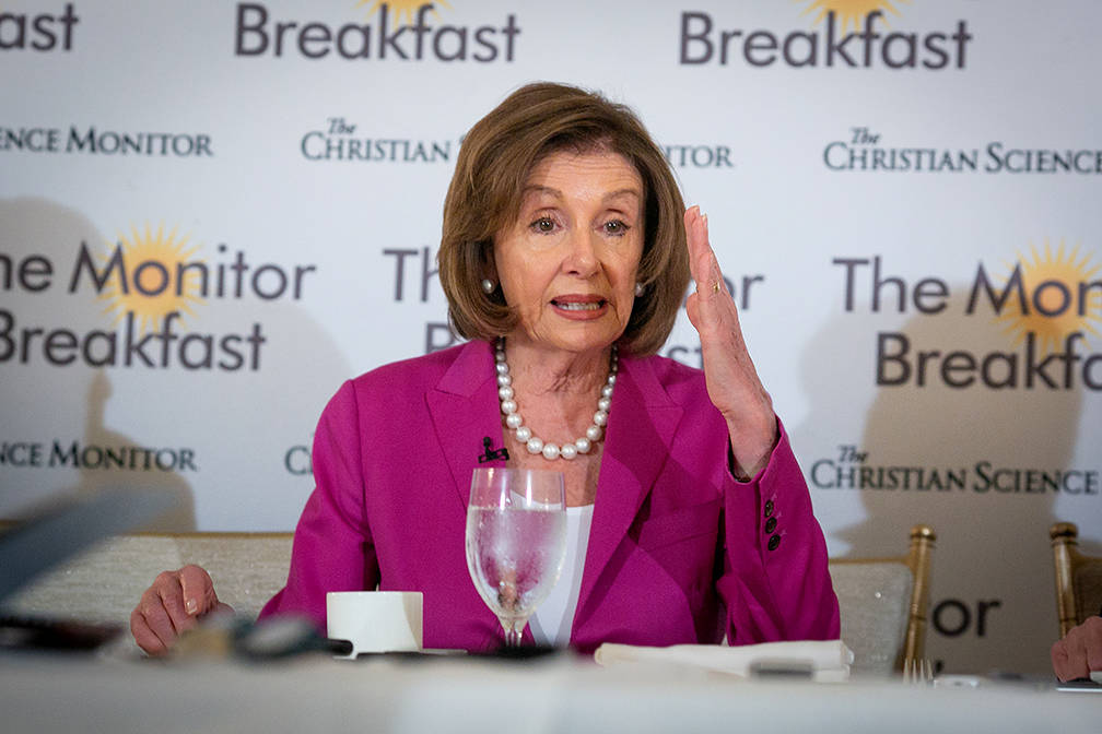 House Speaker Nancy Pelosi speaks to journalists at a breakfast sponsored by The Christian Scie ...