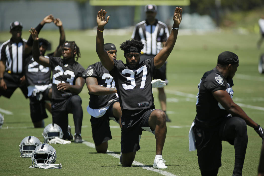 Oakland Raiders defensive back Dylan Mabin (37) during NFL football minicamp Tuesday, June 11, ...