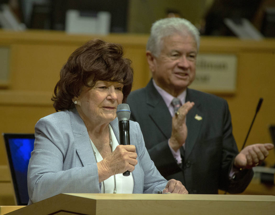 Ward 1 Councilwoman Lois Tarkanian, left, speaks during her last council meeting, while Ward 3 ...