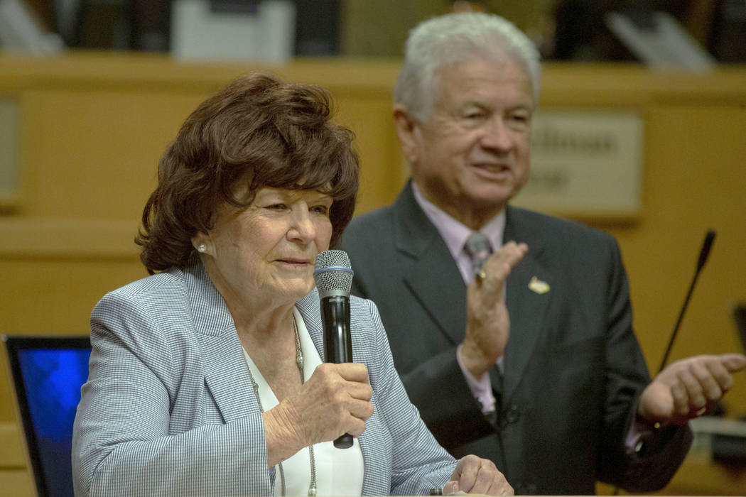 Ward 1 Councilwoman Lois Tarkanian, left, speaks during her last council meeting, while Ward 3 ...