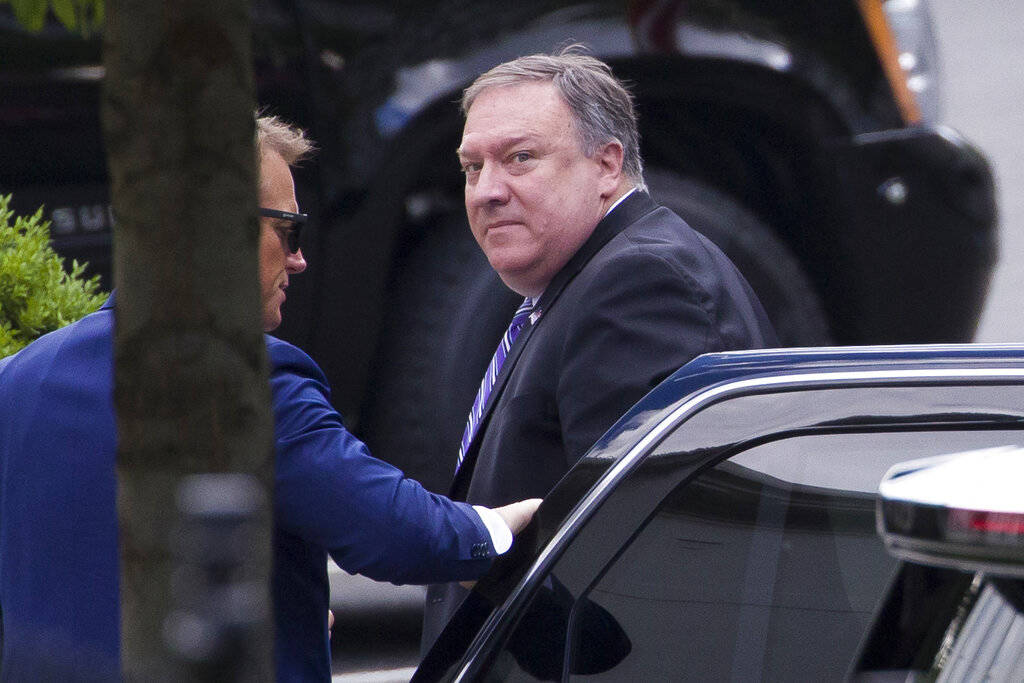 Secretary of State Mike Pompeo arrives for a meeting with President Donald Trump about Iran at ...