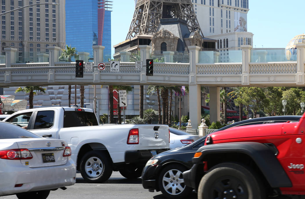 A pedestrian bridge is seen near the Bellagio on Thursday, June 20, 2019, in Las Vegas. A man w ...
