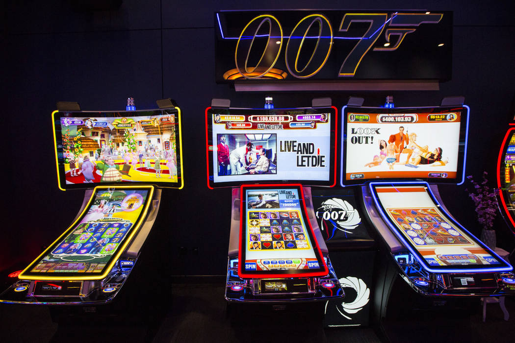 A pair of James Bond themed slot cabinets are seen in the Scientific Games showroom in Las Vega ...
