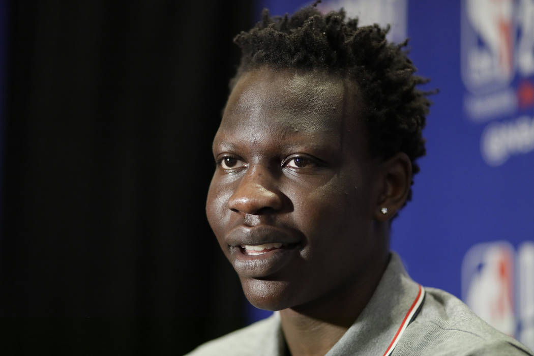 Bol Bol, a freshman basketball player from Oregon, attends the NBA Draft media availability, We ...