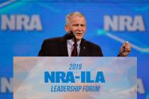 FILE- In this April 26, 2019 photo, Nation Rifle Association President Col. Oliver North speaks ...