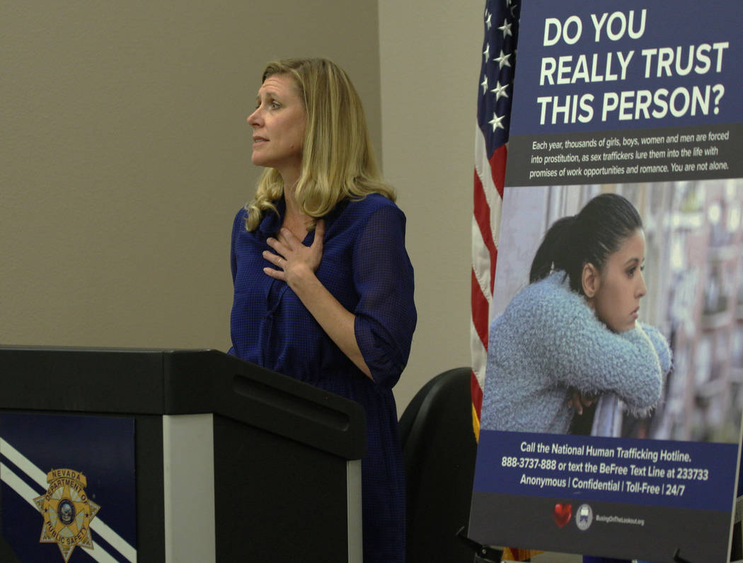 Annie Sovcik, from Colorado, speaks on human trafficking awareness at Nevada Highway Patrol So ...