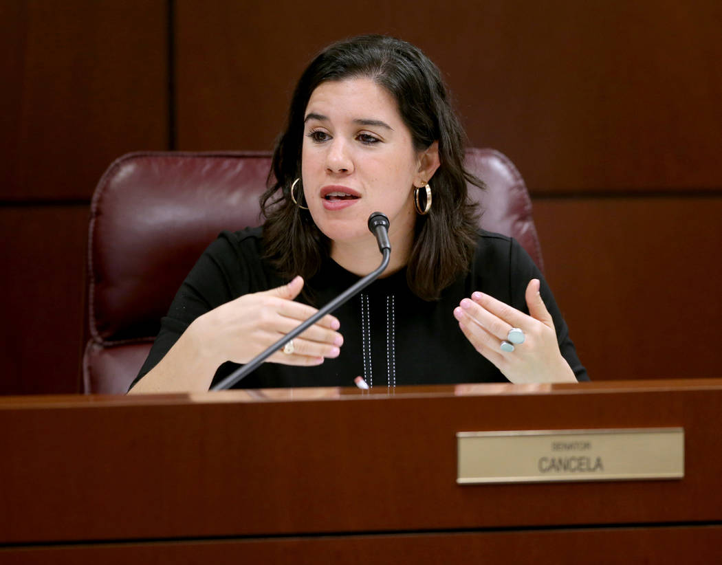 Sen. Yvanna Cancela, D-Las Vegas, asks a question during a Finance Committee meeting in the Leg ...