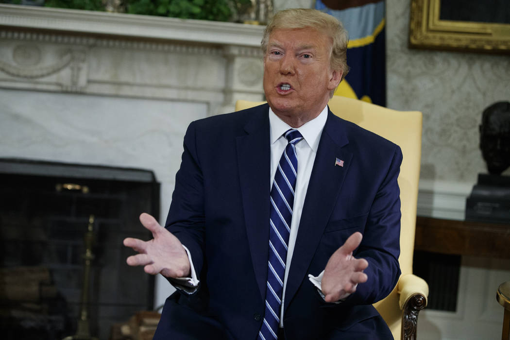 President Donald Trump speaks during a meeting with Canadian Prime Minister Justin Trudeau in t ...