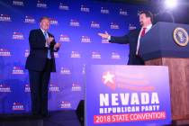 President Donald Trump is introduced by Nevada Republican Party Chairman Michael McDonald durin ...