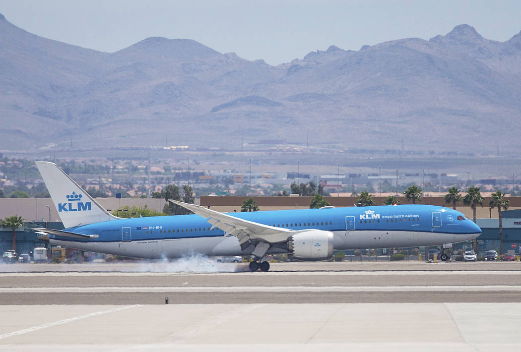 KLM Royal Dutch Airlines flight 635 lands at McCarran International Airport on Thursday, June 6 ...