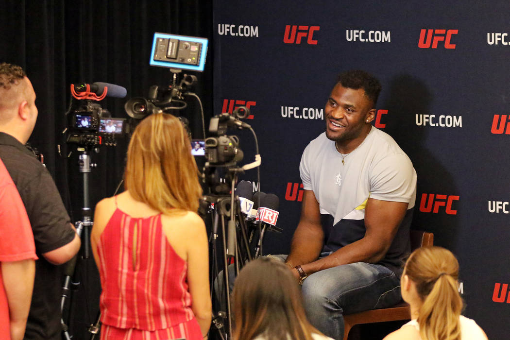 UFC heavyweight Francis Ngannou responds to questions during a media scrum at the UFC Performan ...