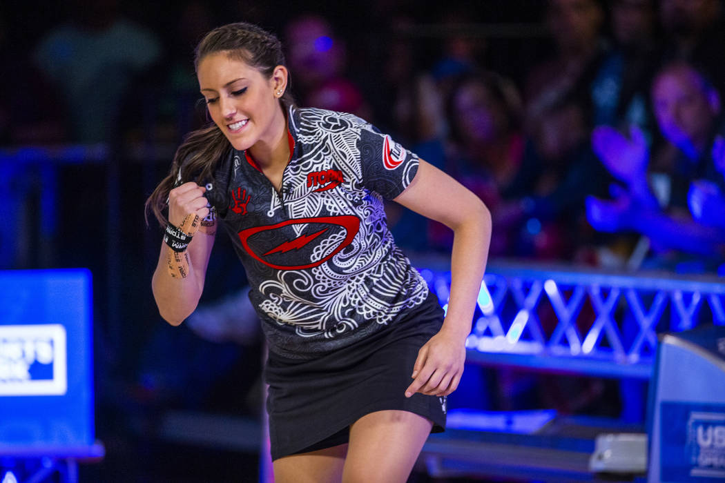 Danielle McEwan is pumped by an another strike in her finals match versus Tanya Roumimper durin ...