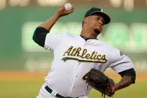 Oakland Athletics pitcher Frankie Montas works against the Tampa Bay Rays during the first inni ...