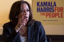 Presidential candidate Sen. Kamala Harris, D-Calif., addresses the audience during a meet and g ...