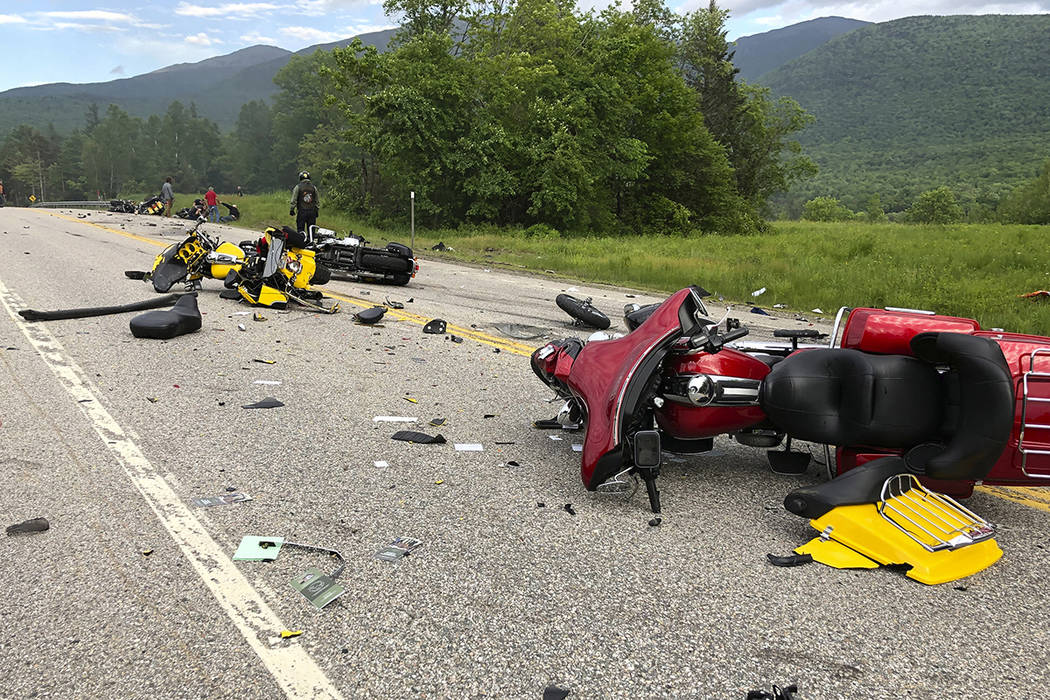 This photo provided by Miranda Thompson shows the scene where several motorcycles and a pickup ...