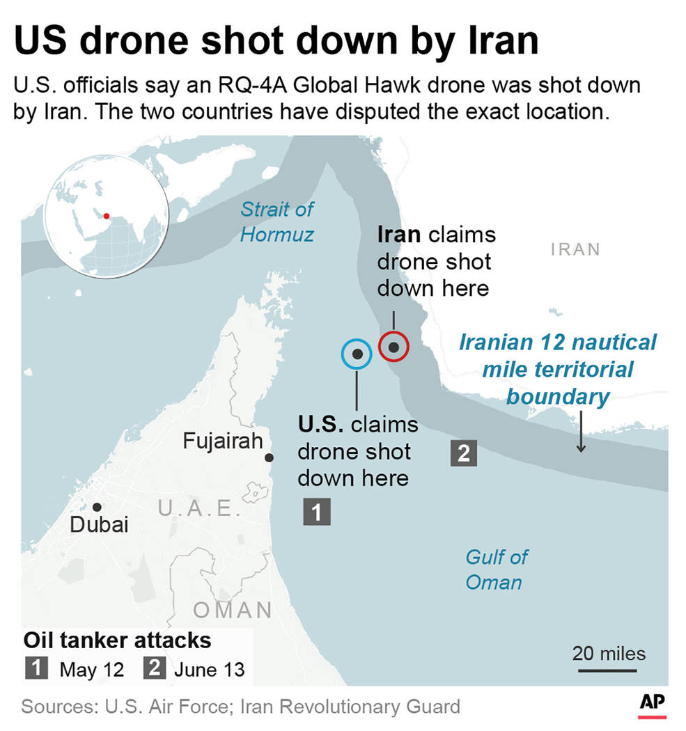 Graphic pinpoints the drone shooting locations provided by the U.S. and Iran and shows how they ...