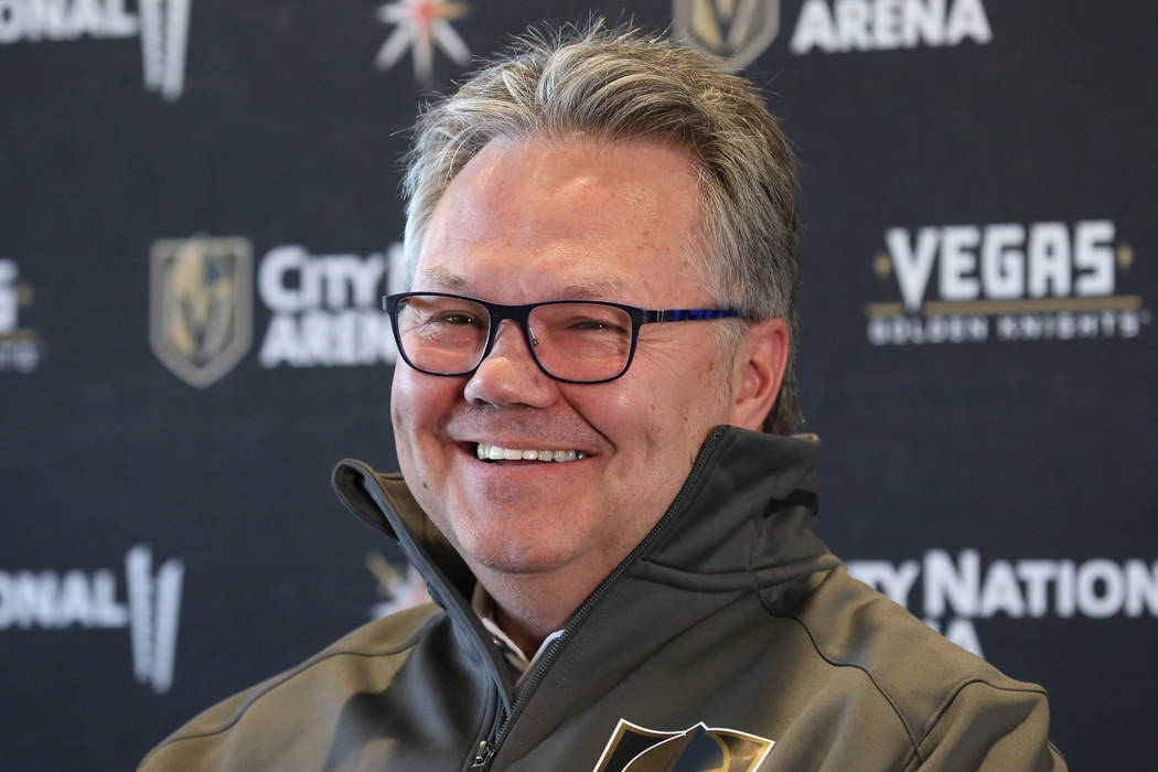 Golden Knights new General Manager, Kelly McCrimmon, smiles as he speaks during a press confere ...