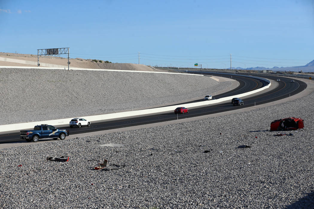 A car crash on the 215 Beltway near Lone Mountain Road in Las Vegas, Saturday, June 22, 2019. ( ...