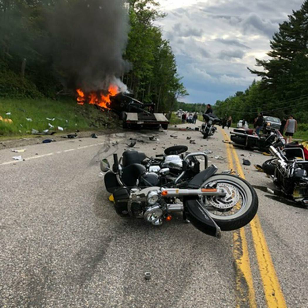 This photo provided by Miranda Thompson shows the scene where several motorcycles and a pickup ...