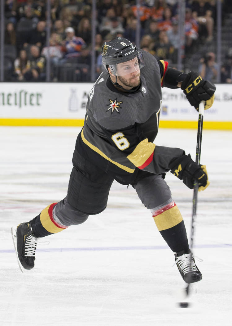 Golden Knights defenseman Colin Miller (6) on Friday, March 29, 2019, at T-Mobile Arena, in Las ...