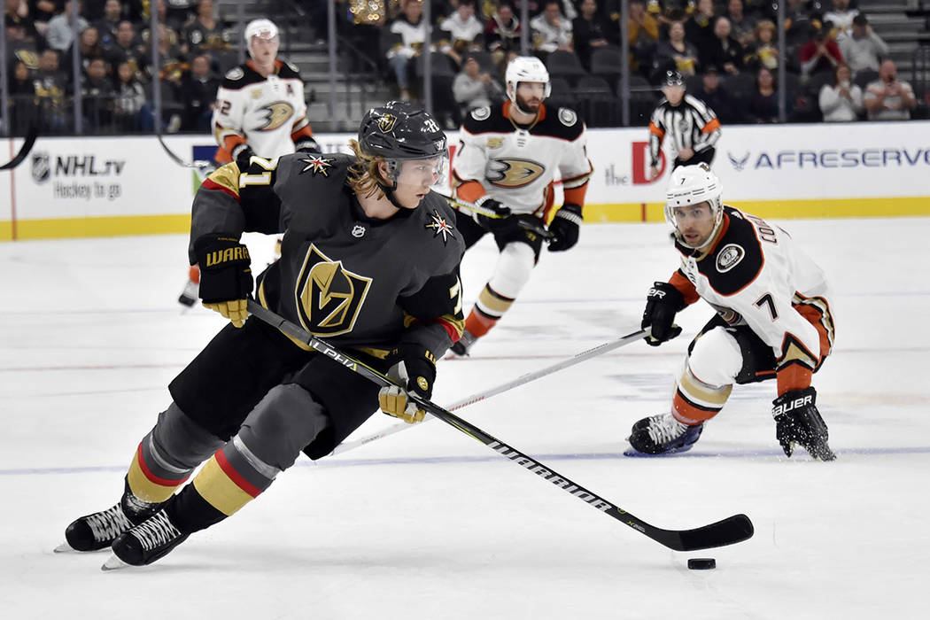 Vegas Golden Knights center William Karlsson (71) skates with the puck against the Anaheim Duck ...