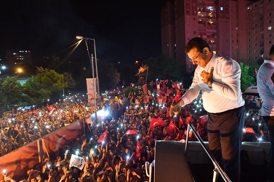 Ekrem Imamoglu, the candidate of the secular opposition Republican People's Party, CHP, talks t ...