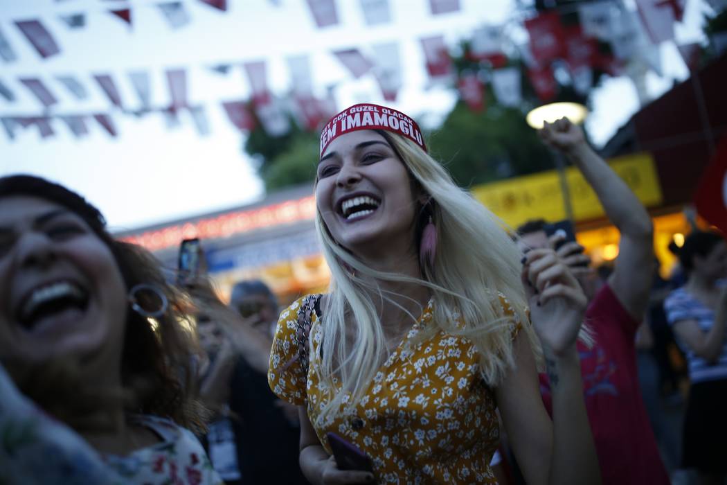 Supporters of Ekrem Imamoglu candidate of the secular opposition Republican People's Party cele ...