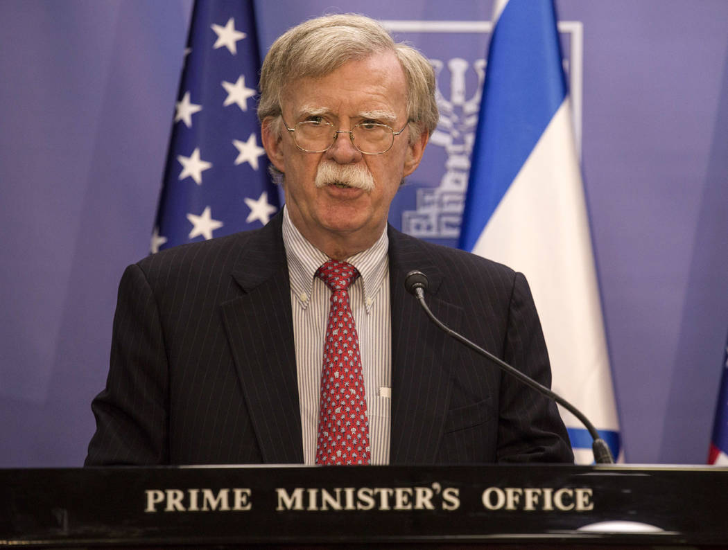U.S. National Security Advisor John Bolton gives statements to media in Jerusalem, Sunday, June ...