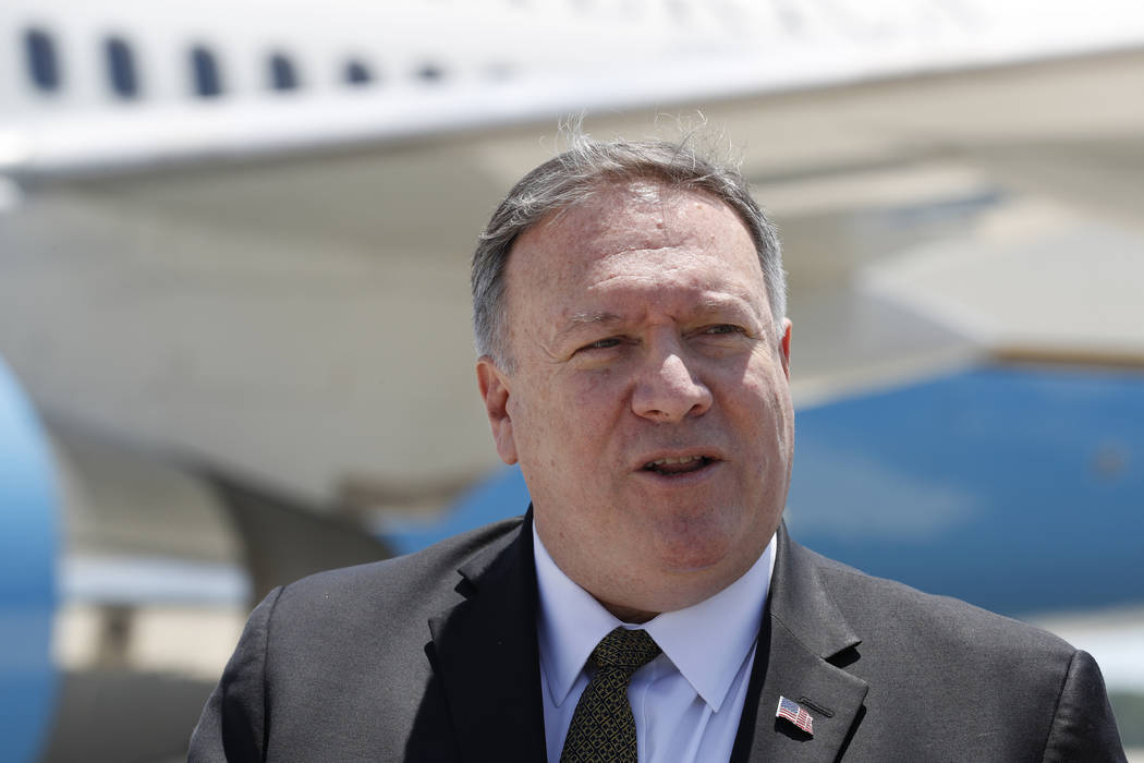 Secretary of State Mike Pompeo speaks to the media at Andrews Air Force Base, Md., Sunday, June ...