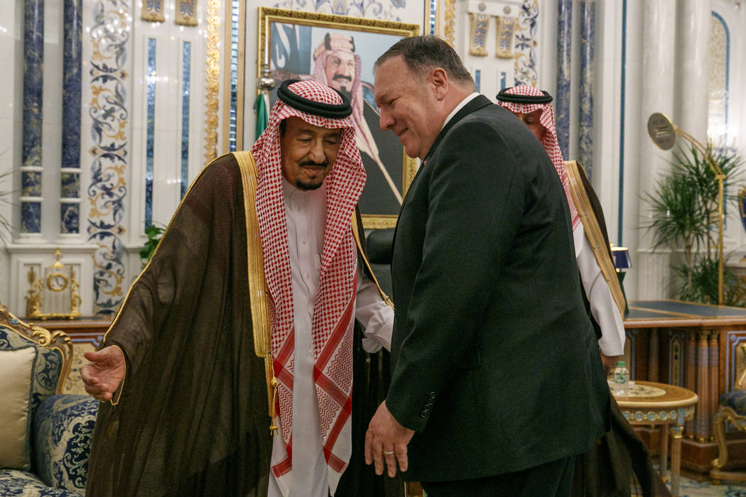 U.S. Secretary of State Mike Pompeo, right, meets with King Salman at Al Salam Palace in Jeddah ...