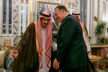 U.S. Secretary of State Mike Pompeo, right, meets with King Salman at Al Salam Palace in Jeddah ...