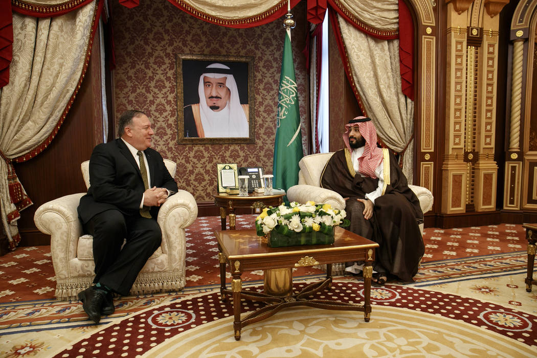 Secretary of State Mike Pompeo meets with Saudi Arabia's Crown Prince Mohammed bin Salman, righ ...