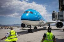 KLM Royal Dutch Airlines flight 635 taxis to its gate at McCarran International Airport on Thur ...