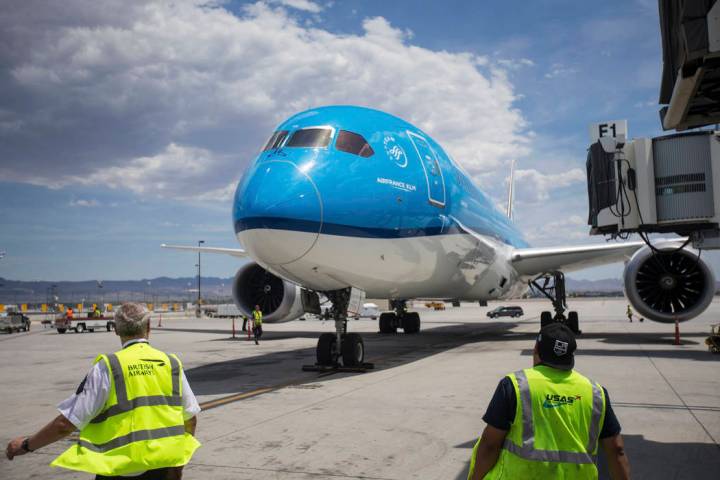 KLM Royal Dutch Airlines flight 635 taxis to its gate at McCarran International Airport on Thur ...