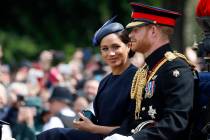 In this Saturday, June 8, 2019 file photo, Britain's Meghan, the Duchess of Sussex and Prince H ...