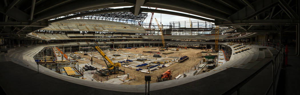 Panoramic view of the interior of the Raiders Stadium as construction continues on Tuesday, Jun ...
