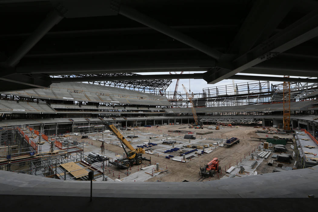 The Raiders stadium construction site in Las Vegas, Tuesday, June 25, 2019. (Erik Verduzco / La ...