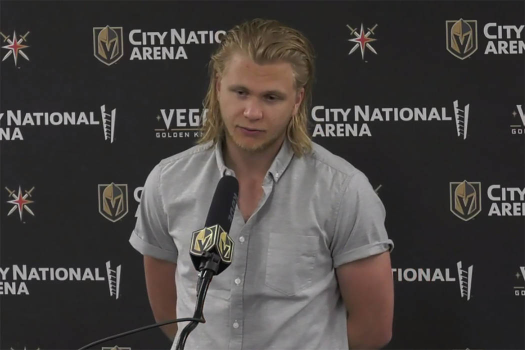 Golden Knights center William Karlsson adresses the media at City national Arena on June 25, 20 ...