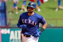 Texas Rangers' Joey Gallo rounds the bases after hitting a two-run home run off of Kansas City ...