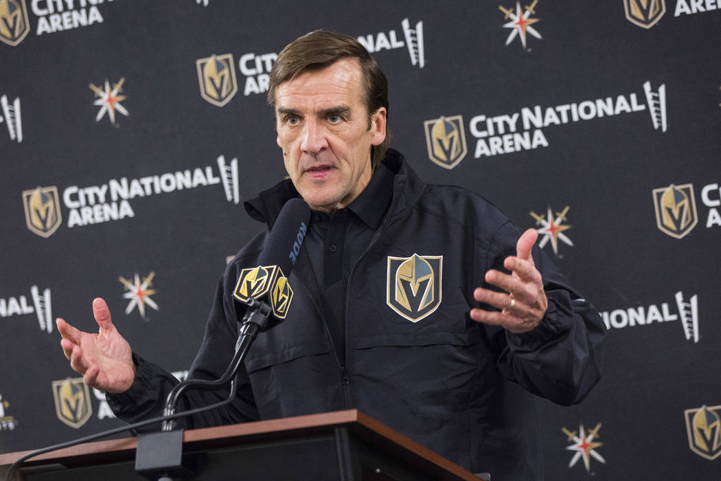 Vegas Golden Knights General Manager George McPhee speaks during a news conference at City Nati ...